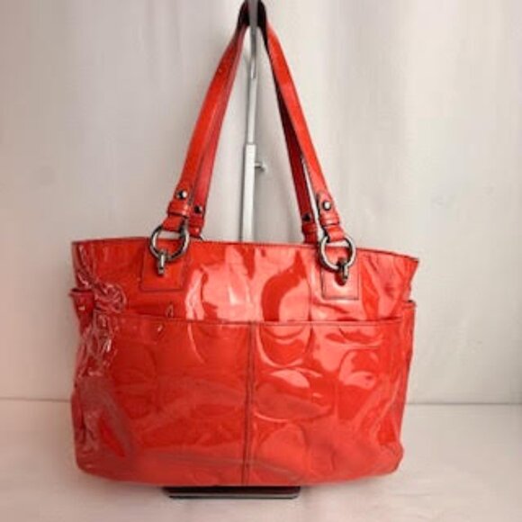 Coach Patent Leather Red Signature Embossed Tote Bag Shoulder Purse - Picture 3 of 11